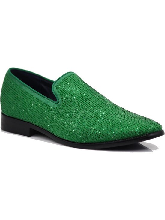 Enzo Romeo Men\'s Green Vintage Velvet Rhinestone Loafer Slip On Tuxedo Shoes